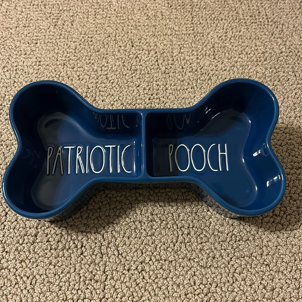Rae Dunn Ceramic Marine Blue Patriotic Pooch Dog Bone Shaped Divided Dog Bowl